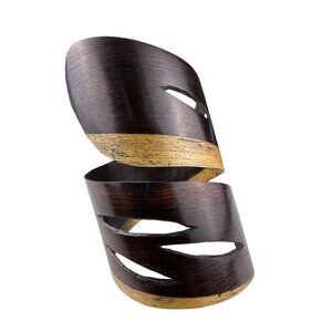 Handcrafted Vintage Dark Wood & Gold Tone Open Cuff Bracelet Adjustable Boho Des